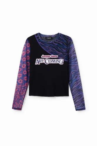Patchwork-T-shirt i tyll med tryck