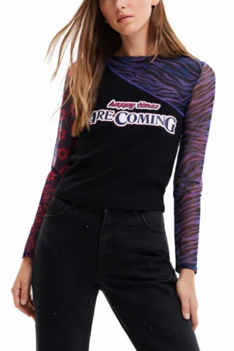 Patchwork-T-shirt i tyll med tryck