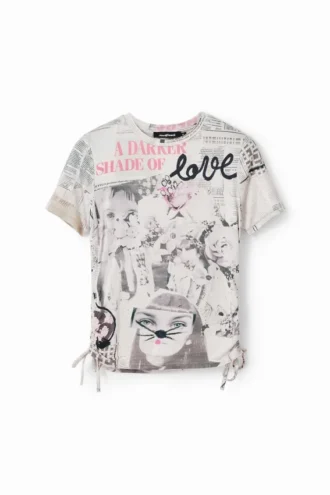 Smal T-shirt med rynkad midja och tidningsmönster